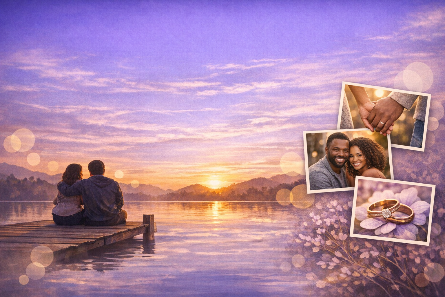 Couples and Marriage Therapy: A couple sitting on a dock looking at the sunset with smaller images on the right-side of a husband and wife holding hands, a couple smiling, and wedding rings