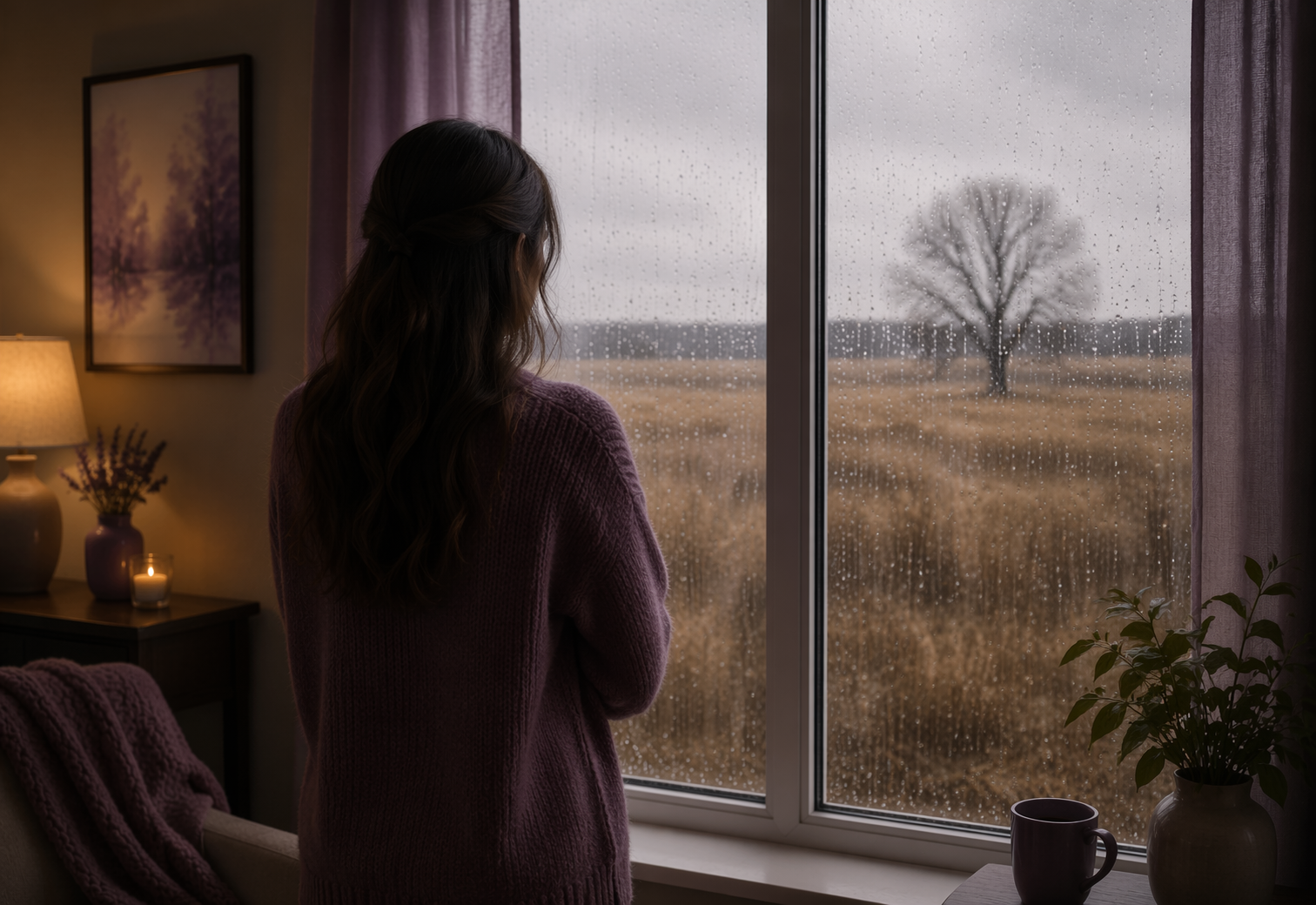 Woman staring out a window on a rainy day, resembling grief and loss