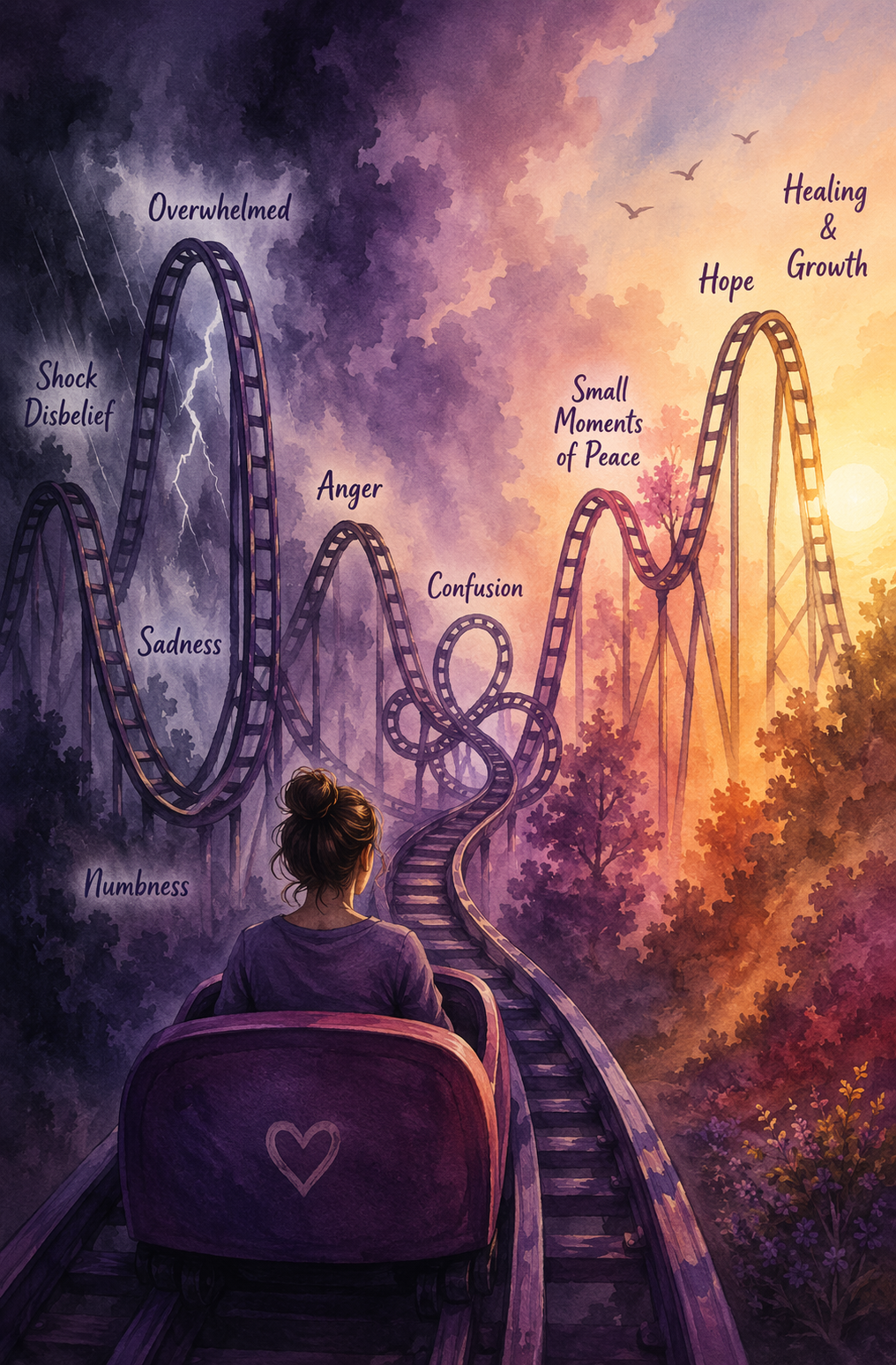 Woman riding a roller coaster of emotions, which include shock, disbelief, sadness, numbness, overwhelmed, anger, confusion, small moments of peace, hope, healing, and growing.