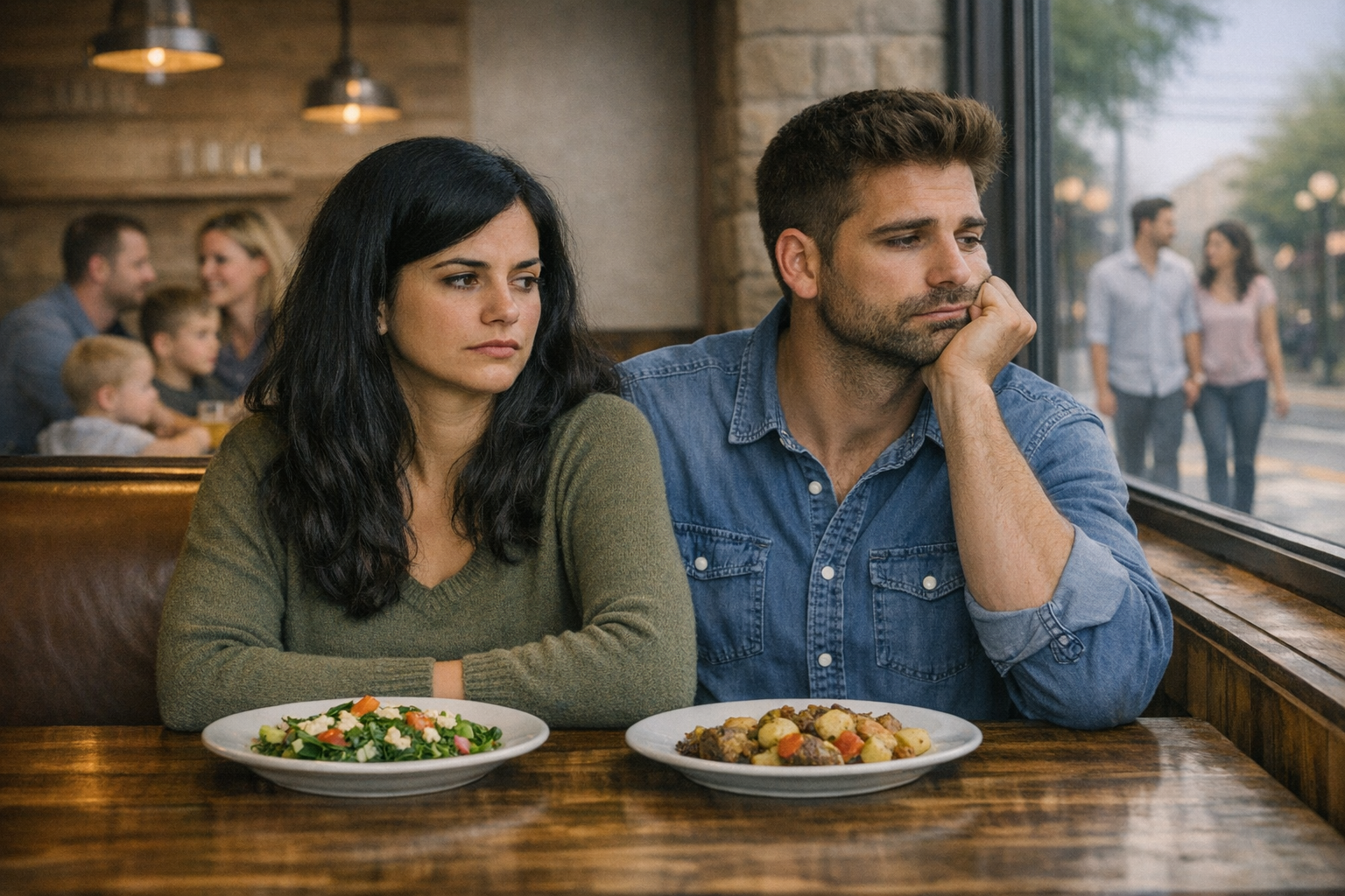 A couple at dinner with sad, distracted looks on their faces as another family eats and a happy couple walks by