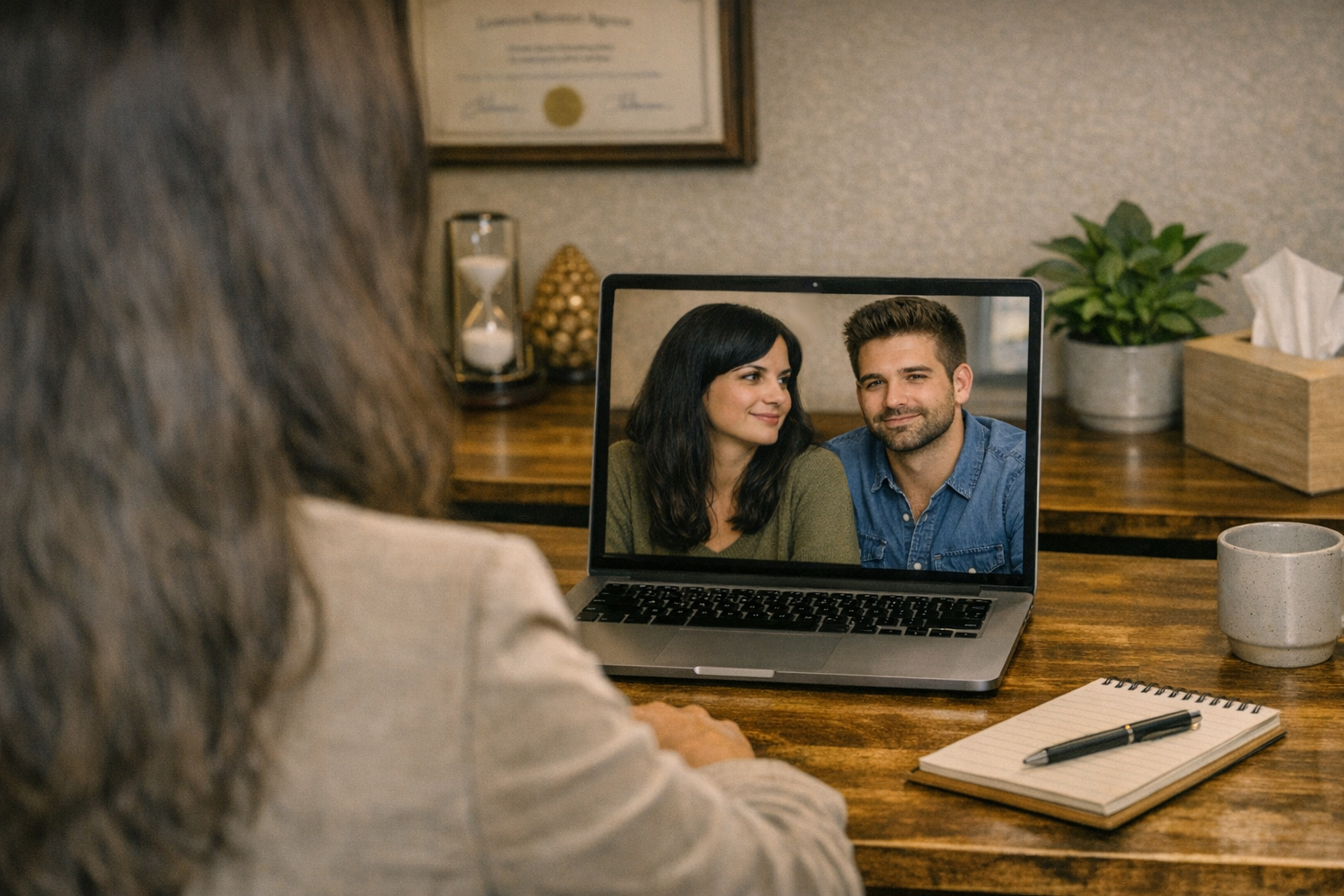 A couple with happy expressions at a virtual therapy session with an online counselor