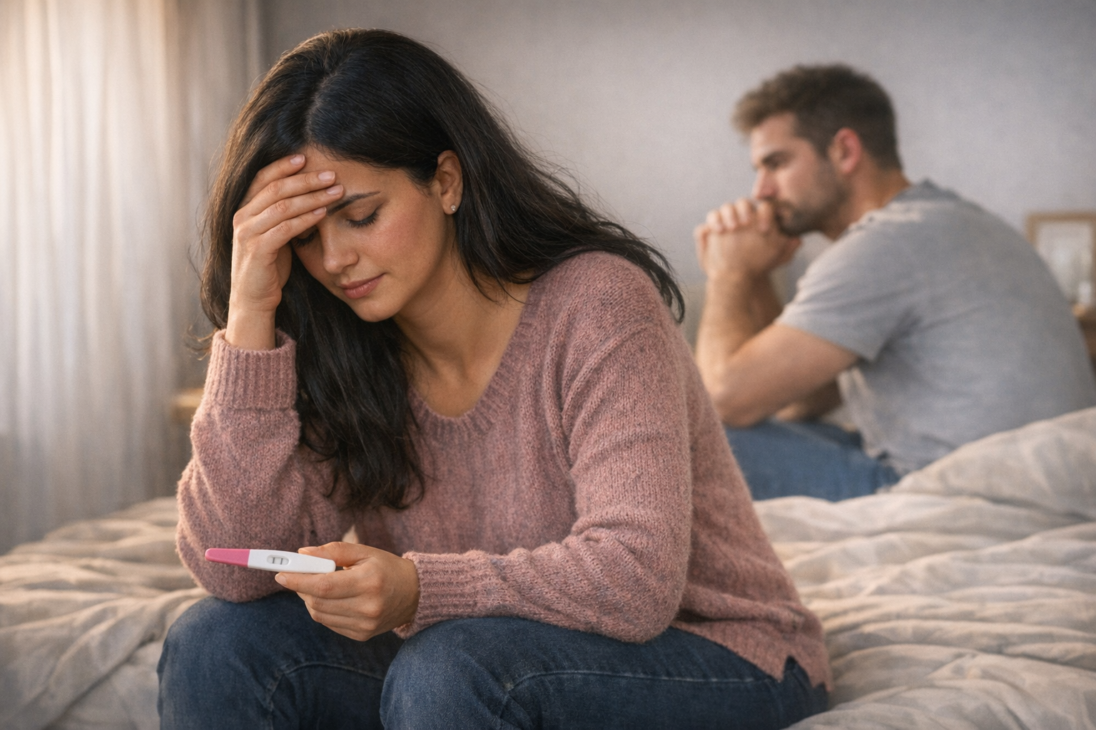A couple sitting on the bed looking at a pregnancy test with a distressed look