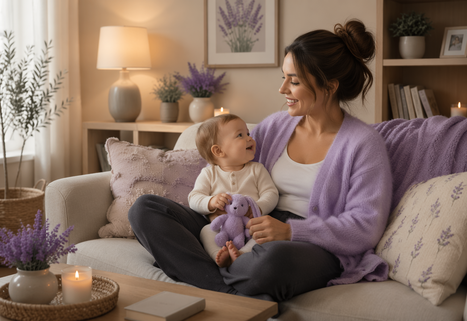 A mother and her baby laughing on a couch