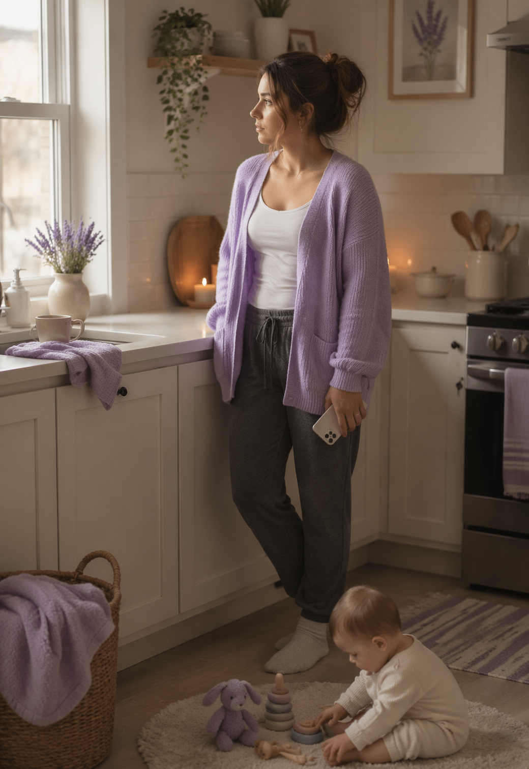 A mother staring out the window as her baby plays at her feet