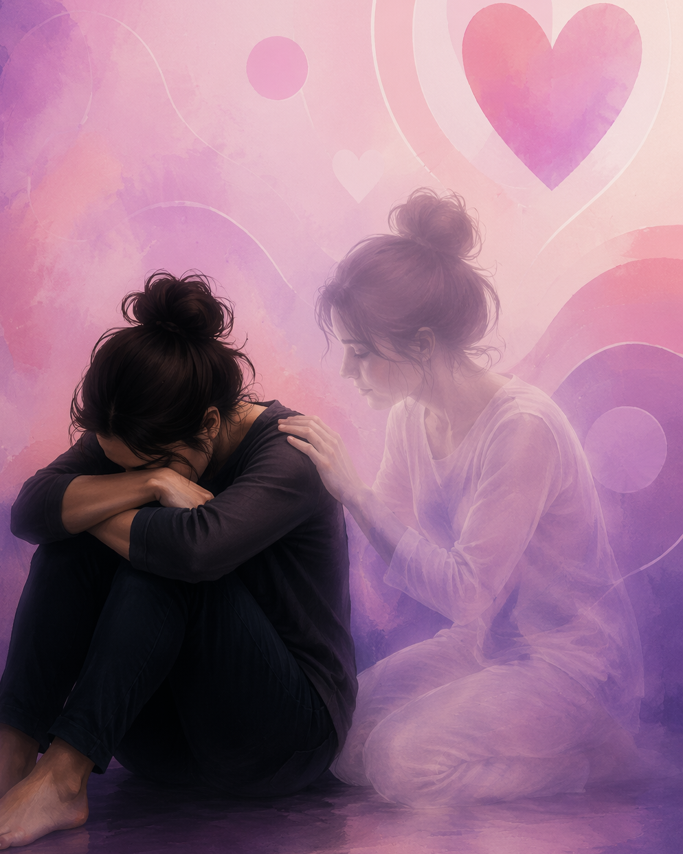 A woman crying into her arms with a depiction of her inner self comforting her through her trauma or PTSD